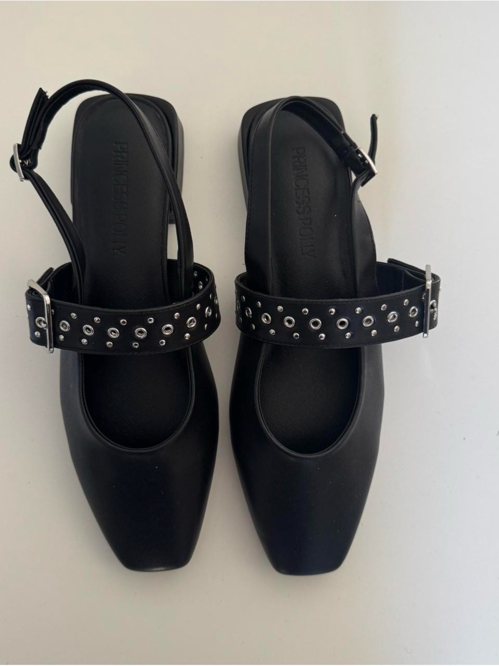 Princess Polly Black Studded Square-Toe Slingback Flats